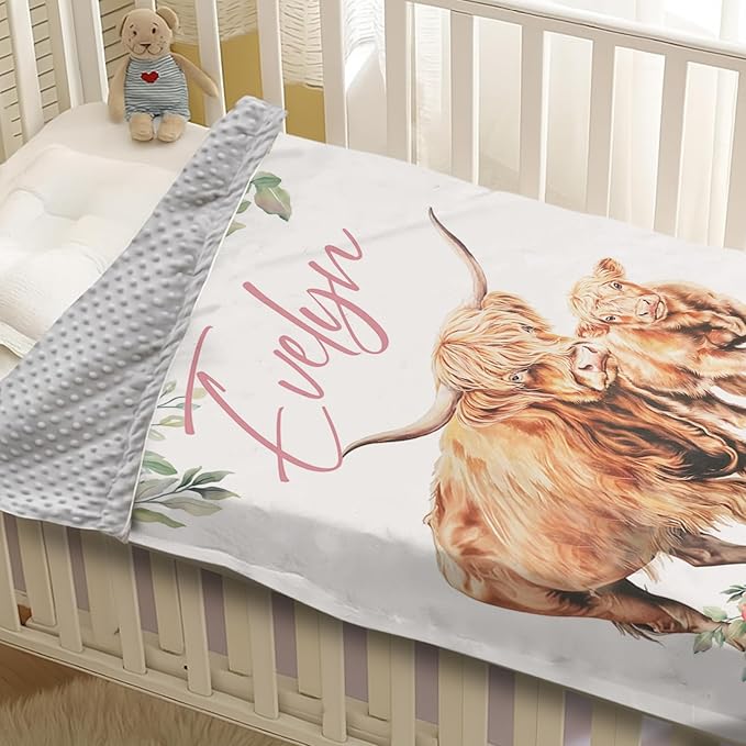 Personalized Baby Blanket for Boys, Custom Name Blanket for Girl Newborn Mom, Soft Flannel with Double Layer Dotted Backing, Gifts for Baby Shower Christmas Birthday, Highland Cow(47" x60)