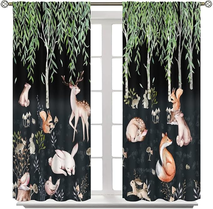 Forest Animal Curtains, Watercolor Cartoon Woodland Plants Animals Bears Moose Mushrooms Printed Curtains for Kids Boys and Girls Bedroom Window Drapes 63x72in