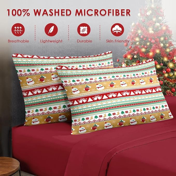 7 Pcs Full Size Christmas Comforter Set with 2 Pillowcases & 2 Shams, Cute Snowman Bedding for Kids and Adults, Snowflake Xmas Socks Bed in a Bag with Flat Fitted Sheet