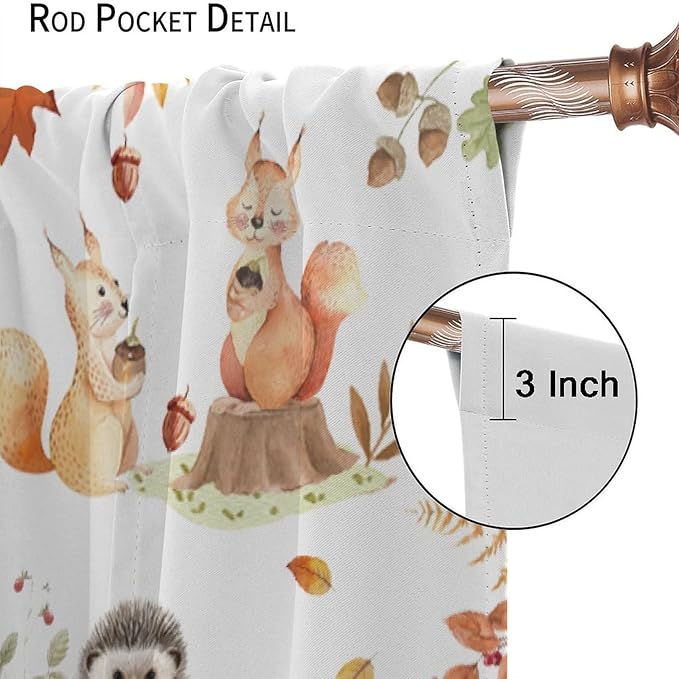 Fall Animails Curtains for Kids, Rustic Cute Woodland Wild Animal Window Treatments Watercolor Autumn Leaves Cartoon Fox Deer Window Drapes for Nursery Toddler Bedroom 42x54in