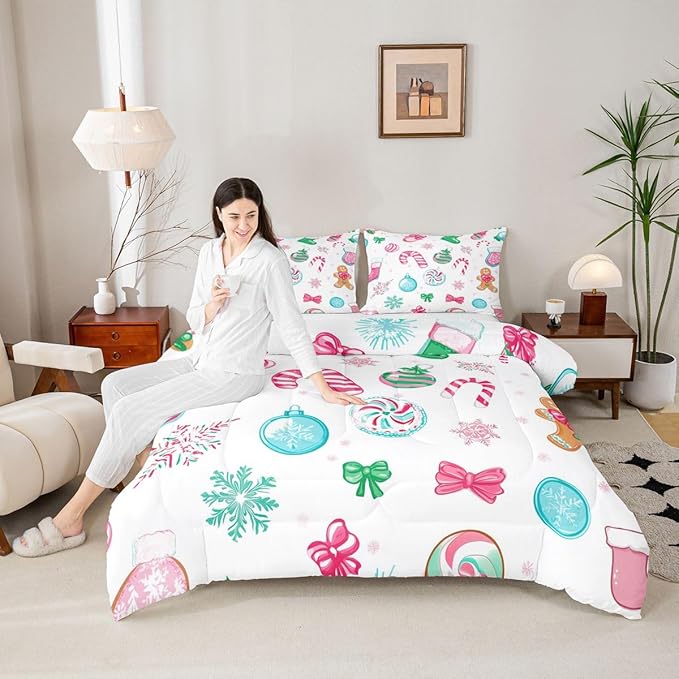 Feelyou Candy Cane Comforter Set King Size Christmas Ornament Bedding Set for Kids Boys Girls Snowflake Duvet Quilt Festive Bow Bedroom Decor Christmas Stocking Microfiber 3 Pcs with 2 Pillow Cases