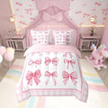 7 Pieces Pink Bowknot Kids Comforter Queen,Geometric Plaids Grids Patchwork Fashion Bedding Set,Bow Tie Knot Princess Romantic Chic（Comforter+Fitted+Flat Sheet+2 Pillowcases+2 Throw Pillow Covers）