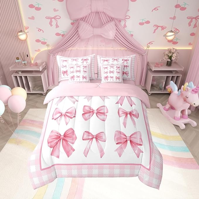 7 Pieces Pink Bowknot Kids Comforter Twin,Geometric Plaids Grids Patchwork Fashion Bedding Set,Bow Tie Knot Princess Romantic Chic（Comforter+Fitted+Flat Sheet+2 Pillowcases+2 Throw Pillow Covers）