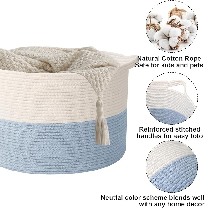 Large Blanket Basket for Organizing,65L Closet Organizers and Storage Bins Box for Shelves Woven Rope Storage Baskets,Living Room,Bedroom,Dorm,Laundry room (White&Blue)