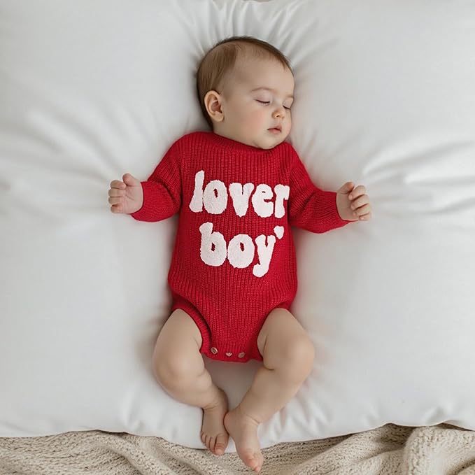 Lesimsam Newborn Baby Boy Girl Valentines Day Outfit Oversized Embroidery Long Sleeve Knit Sweater Bubble Romper Bodysuit