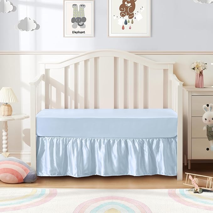 SiinvdaBZX 2-Piece Set Satin Crib Sheets & Crib Bed Skirt, 52" x 28" Silky Soft Ruffled Baby Crib Skirt with Adjustable Elastic 14" Drop, Fit for Standard Crib & Toddler Bedding (Baby Blue)
