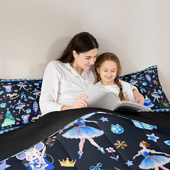 Feelyou Merry Christmas Kids Comforter Set Toddler Size Ballet Nutcracker Bedding Set Snowflake Duvet Quilt for Kids Boys Girls Bedroom Decor Microfiber Ultra Soft Breathable
