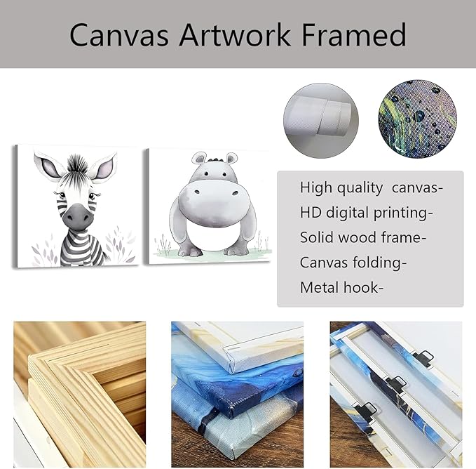 Baby Animal Framed Canvas Wall Art Set of 2 - Cute Baby Zebra Hippo Paintings Pictures Nursery Decor Wild Animals Posters Prints for Living Room Kids Room Decor(Artwork-01, 12"x12"x2P)