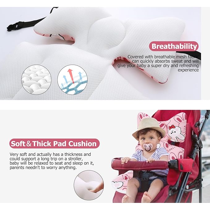 Baby Stroller Cushion, Universal Baby Seat Pad Liner for Stroller Reversible Soft and Breathable 3D Air Mesh Cotton Baby Stroller Seat Liner (Bunny)