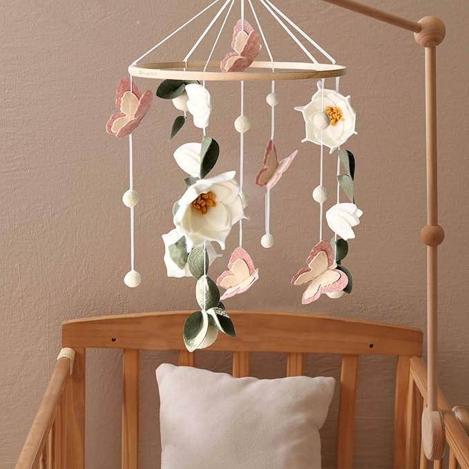 Floral Baby Mobile Nursery Decor Felt Flowers Butterflies Baby Mobile for Crib Boys Girls Boho Style Neutral Baby Gift Hanging for Nursery Decor Accessories