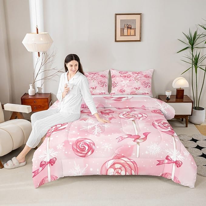 Feelyou Pink Bow Comforter Set King Size Pink Lollipops Bedding Set for Kids Boys Girls Watercolor-Style Duvet Quilt Xmas Snowflake Bedroom Decor Christmas Microfiber 3 Pcs with 2 Pillow Cases