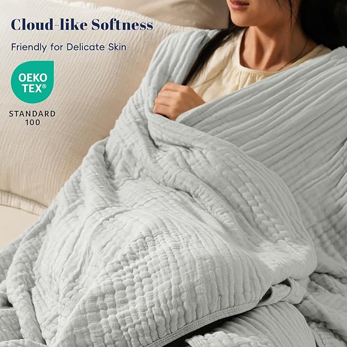 PHF Cooling Muslin Blanket Twin Size 60"x80", 6-Layer Lightweight Gauze Blanket Made from 35% Rayon Derived from Bamboo & 65% Cotton, Breathable & Ultra Soft Cozy, Aesthetic Home Decor, Harbor Mist