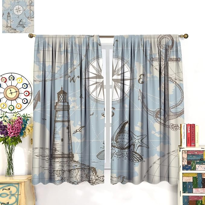 Nautical Theme Window Curtains,Pirate Sailboat Curtains for Bedroom,Conch Starfish Print Draperies for Living Room,Ocean Window Treatment Curtains Set 2 Panels,63x63 Inches