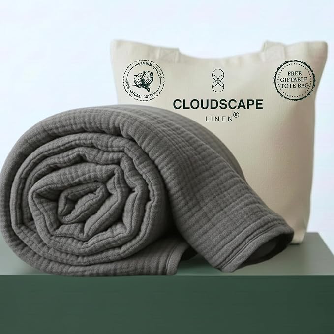 Cloud Scape Linen 4 Layer Oversized Muslin Blanket King Size - 100% Cotton, Lightweight & Breathable All Season Blanket for Bed, fits California King, 92x108, Dark Grey