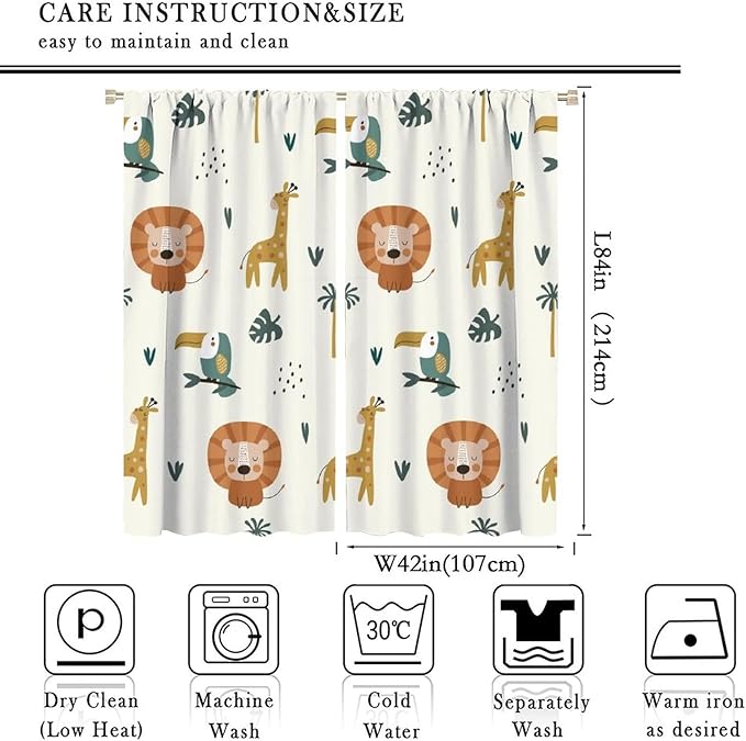 Cute Lion Window Curtains for Kids Bedroom,Cartoon Woodland Jungle Forest Wildlife Little Lion Giraffe Owl Palm Tree Printed Pattern Blackout Drapes for Living Room Baby Nursery Room 84x84in