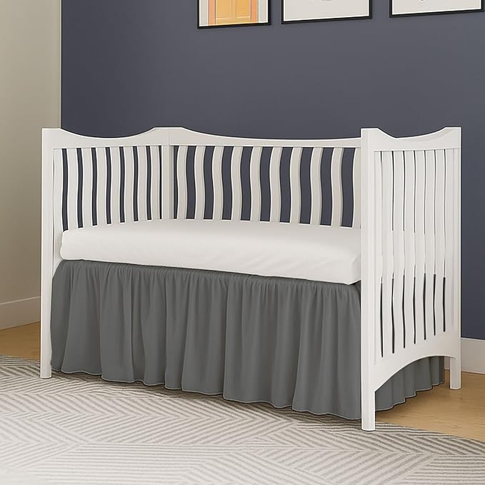 Crib Bed Skirt Dust Ruffle with Split Corners, 100% Cotton, Dark Grey Nursery Crib Skirt for Baby Boys or Girls, 28x52, 14" Drop, Toddler Bed Skirt, Baby Bedding, Crib Sheet Skirt, Soft & Breathable