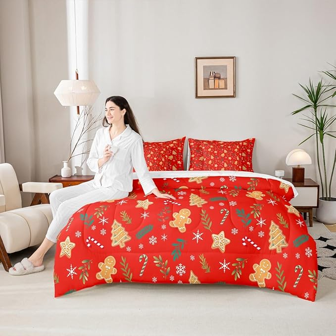 Feelyou Christmas Tree Comforter Set Queen Size 7 Pieces Cute Gingerbread Man Bedding Set for Kids Boys Girls Red Botanical Bed in a Bag Reversible Xmas Decor Bedroom Quilted Breathable Soft