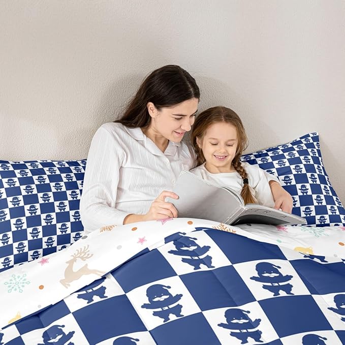 Feelyou Christmas Comforter Set Twin Size Checkered Bedding Set for Kids Boys Girls Santa Claus Duvet Quilt Xmas Decorations Bedroom Decor Blue Microfiber 2 Pcs with 1 Pillow Cases