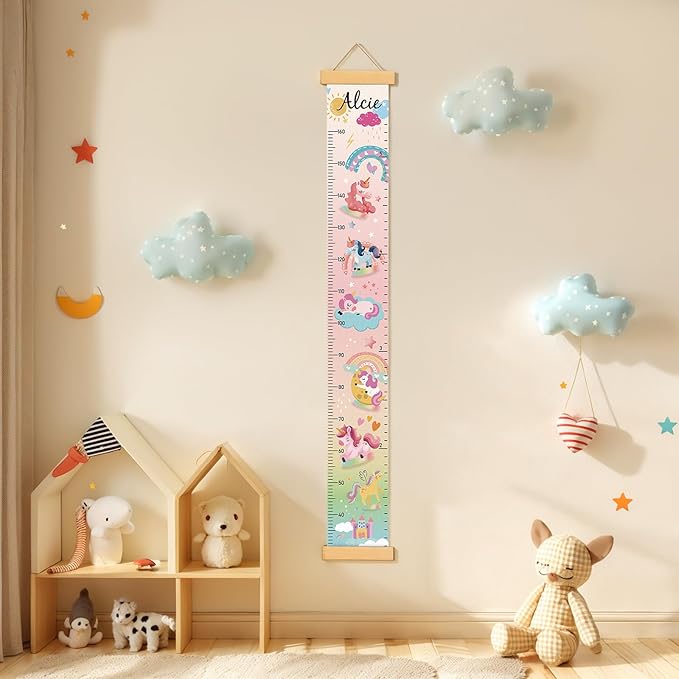 Personalized Name Growth Chart Wall Decor for Kids – Canvas Removable Height Chart Measuring Ruler 59" x 7.9" (Painted Unicorns)