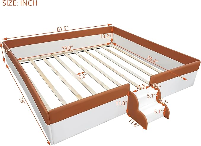King Size Upholstered Daybed Frame with Fence and Stairs, Montessori Kids Floor Bed with Sturdy Slat Support for Kids Boys Girls (Brown+King)