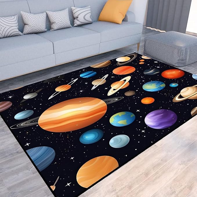 5' x 7' Space Rug for Kids Bedroom Cartoon Planet Stars Rugs Galaxy Carpet Printed Throw Rugs for Boys Children Living Room,150x210cm