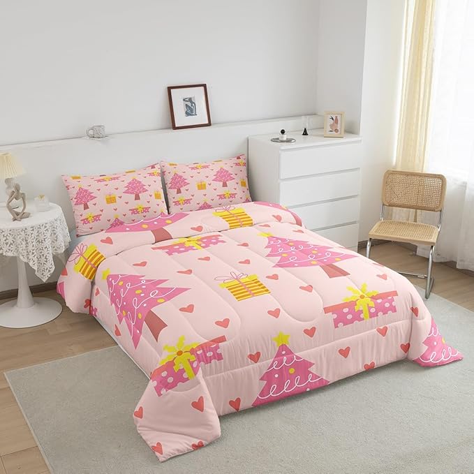 Erosebridal Merry Xmas Quilts Toddler Size Pink Christmas Tree Comforter Set Reversible Cartoon Style Bedding Set Happy New Year Duvet Insert for Boys Kids Bedroom Decor with 1 Pillow Case