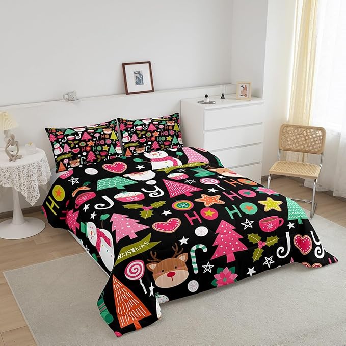 Merry Christmas Kids Comforter Set King Size,Cartoon Santa Claus Snowman Xmas Bedding Set,Boys Girls Adults Room Decor,Christmas Trees Deer Cute Down Comforter,Colorful Duvet Insert,2 Pillowcases