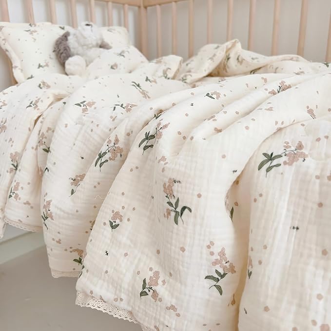 BuLuTu Shabby Chic Floral Toddler Comforter Quilt Cotton Muslin Kids Blankets Sweet Laurel Design Beige Toddler/Twin Bed Blanket for Unisex Baby Toddler Boys Girls, 60"x78"