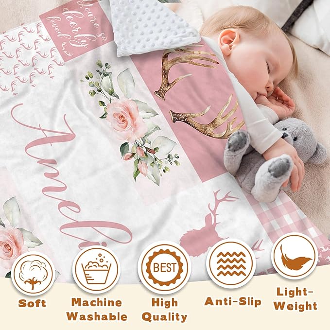 Personalized Baby Blanket with Name, Custom Pink Woodland Deer Blanket for Kids, Soft Flannel Bed Throw Blanket Swaddle for Newborn, Customizable Baby Gift & Nursery Blanket(47" x60)