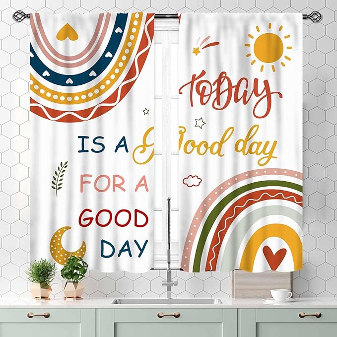 Rainbow Curtains for Classroom, Kids Girls Baby Boho Cute Inspirational Motivational Quotes Cartoon Colorful Pastel Nursery Classroom Bedroom Living Room Bathroom Window Drapes 2 Panels, 55x39 Inch