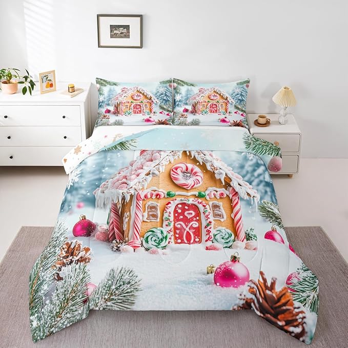 Feelyou Christmas Snowscape House Landscape Bedding Set Soft for Boys Girls,Gingerbread House Comforter Set King Size Candy Canes Duvet Quilt Pine Branches Bedroom Decor 3 Pcs with 2 Pillow Cases
