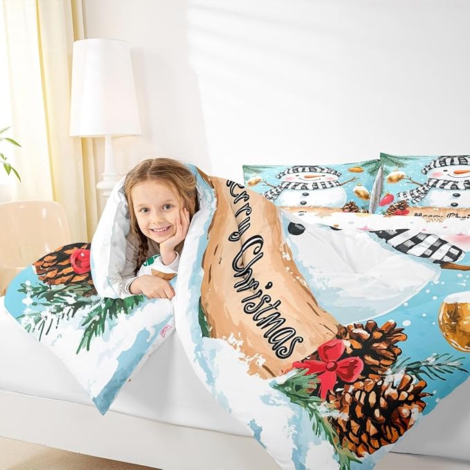 Feelyou Merry Christmas Comforter Set Full Size Cute Snowman Bedding Set for Kids Boys Girls Snowflake Duvet Quilt Winter Bedroom Decor Microfiber 3 Pcs with 2 Pillow Cases