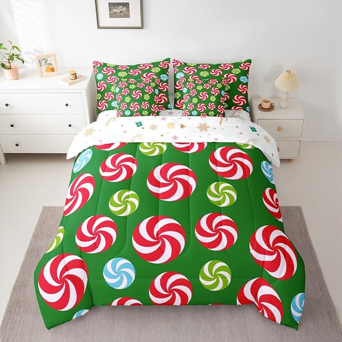 Feelyou Christmas Candy Comforter Set King Size 7 Pieces Cute Swirl Candy Bedding Set for Kids Boys Girls Red and Green Blue Sweet Bed in a Bag Reversible Xmas Decor Bedroom Quilted Breathable Soft