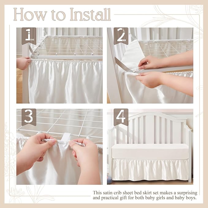 SiinvdaBZX 2-Piece Set Satin Crib Sheets & Crib Bed Skirt, 52" x 28" Silky Soft Ruffled Baby Crib Skirt with Adjustable Elastic 14" Drop, Fit for Standard Crib & Toddler Bedding (Beige)