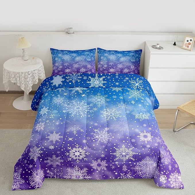 Feelyou Christmas Bedding Set Soft for Boys Girls, Winter Snowflake Comforter Set Queen Size Purple Blue Gradient Duvet Quilt Microfiber Bedroom Decor 3 Pcs with 2 Pillow Cases