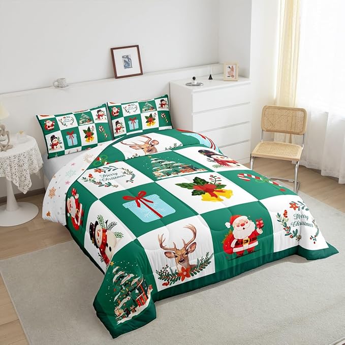 Erosebridal Merry Christmas Quilt Twin Size for Kids Teens Santa Claus Xmas Tree Bedding Set Cartoon Deer Snowman Comforter Set with 1 Pillow Case