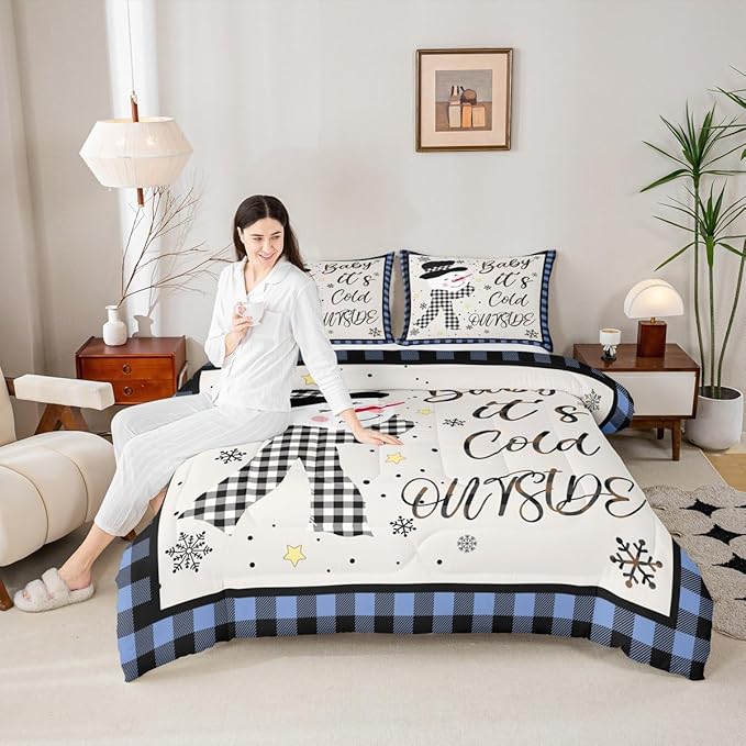 Christmas Snowman Kids Comforter Set Twin Size,Snowflake Christmas Holiday Bedding Set,Girls Boys Adults Xmas Decor,Geometric Grids Lattices Down Comforter,Blue Rustic Duvet Insert,1 Pillowcase