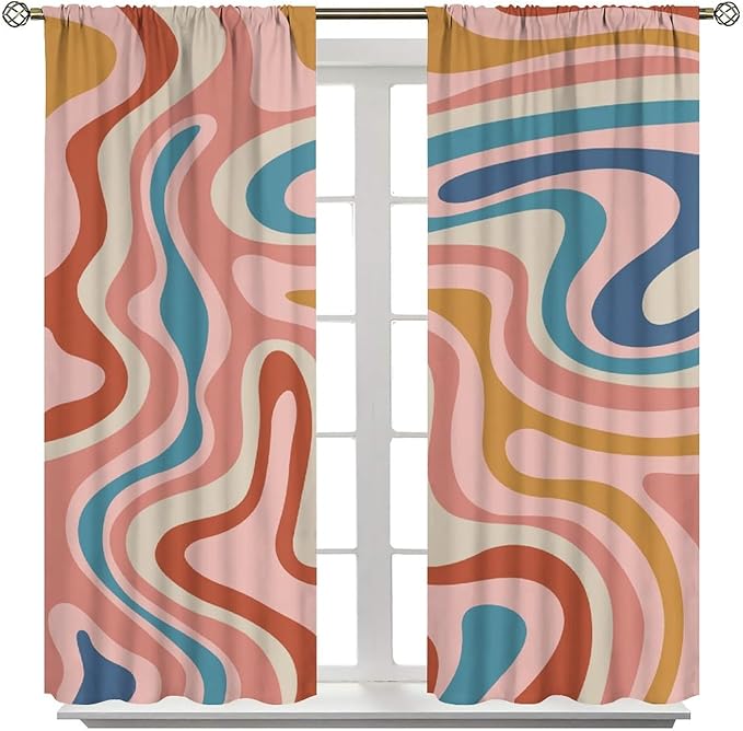 70S Abstract Wavy Swirl Curtain for Bedroom Windows,Retro Boho Minimal Teen Girls Kids Living Room Restroom Window Treatments Drapes 42" W X 63" L