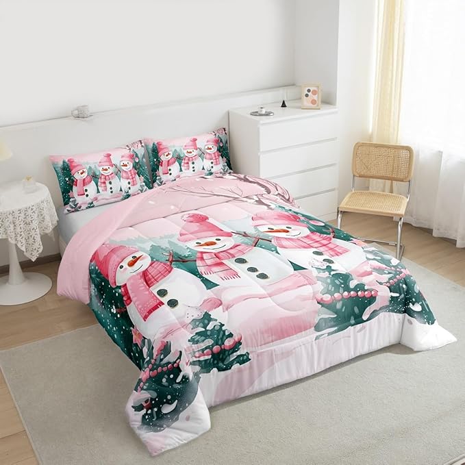 Feelyou Pink Christmas Kids Comforter Set Queen Size Merry Christmas Tree and Snowman Bedding Set Cute Snowman Duvet Quilt for Kids Boys Girls Bedroom Xmas Snowflake Decor Kawaii Soft Breathable