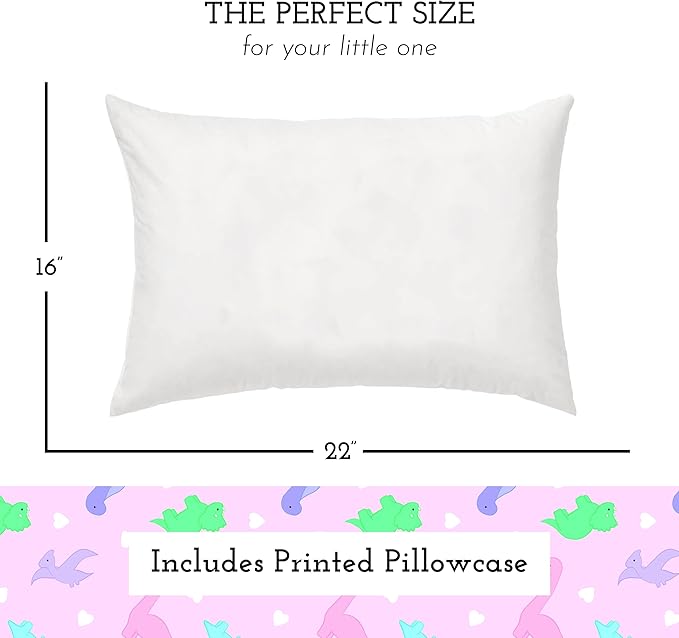Little Sleepy Head Youth Pillow with Pillowcase 16x22, Soft Jumbo Toddler Pillows, Hypoallergenic Pillow Case - Best Kids Pillows for Sleeping, Perfect Kids Travel Pillows (Dinosaurs Pink)