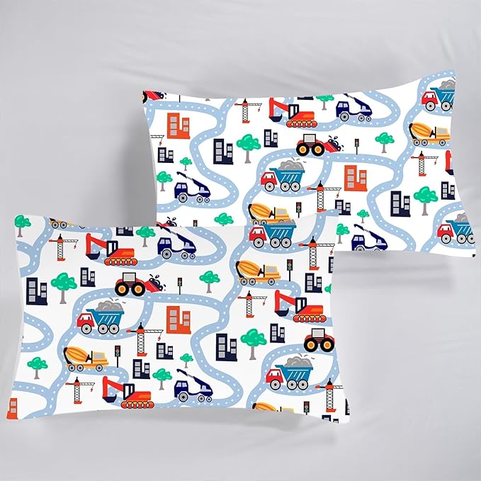 Cartoon Truck Comforter Set Twin: Construction Bedding Set for Boys Kids Children Bedroom Dorm White Cute Cars Quilt 1 Comforter + 1 Pillow Case
