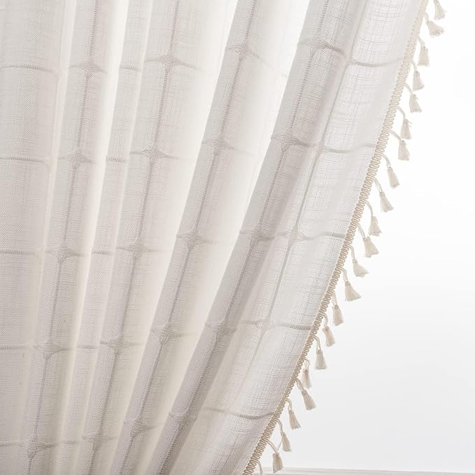 Deeprove Boho Plaid Curtains 72 inch for Home Office Kitchen Nursery, Moroccan Casual Farmhouse Tassels Window Treatment Bohemian Embroidery Drape Rod Pocket 1 Panel 52 W x 72 L, Cream White