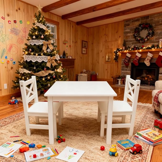 PETIT BATEAU Solid Wood Kids Table and 2 Chairs Set,Montessori Modern AMMEHOELA Irish Designer for 2-8 Years Toddler,MilkyWhite