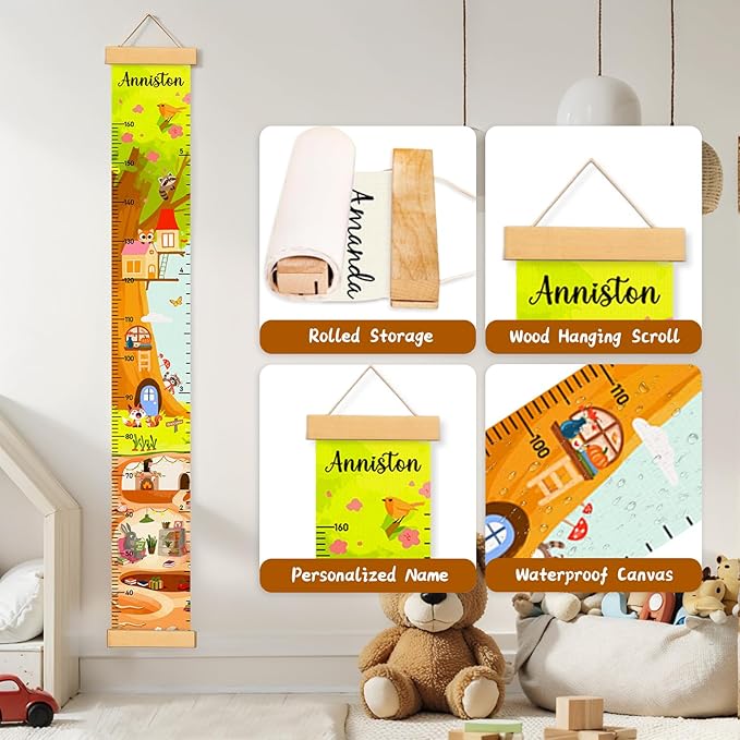 Personalized Name Height Chart for Kids, Kids Growth Chart for Wall, 59" X 7.9" Canvas Removable Height Chart Measuring Ruler for Kids & Baby（Paint Animal Home）