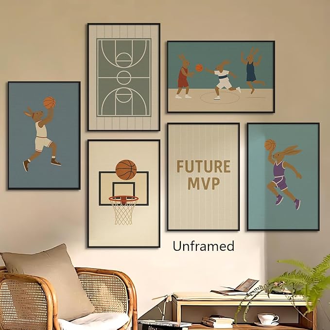 Basketball Canvas Wall Art, Nursery Animal Sports Posters, Bunny Rabbit Athletes Pictures, Positive Quote Print, Kids Bedroom Basketball Court & Hoop Decor 12x16in Unframed
