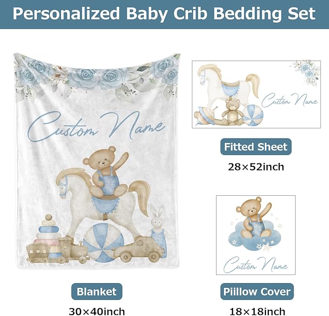 Personalized Baby Crib Bedding Set,3 Piece Custom Name Nursery Set with Blanket, Fitted Sheet & Pillowcase for Baby Girls & Boys,Nursery Friends Theme(Fixed Size)