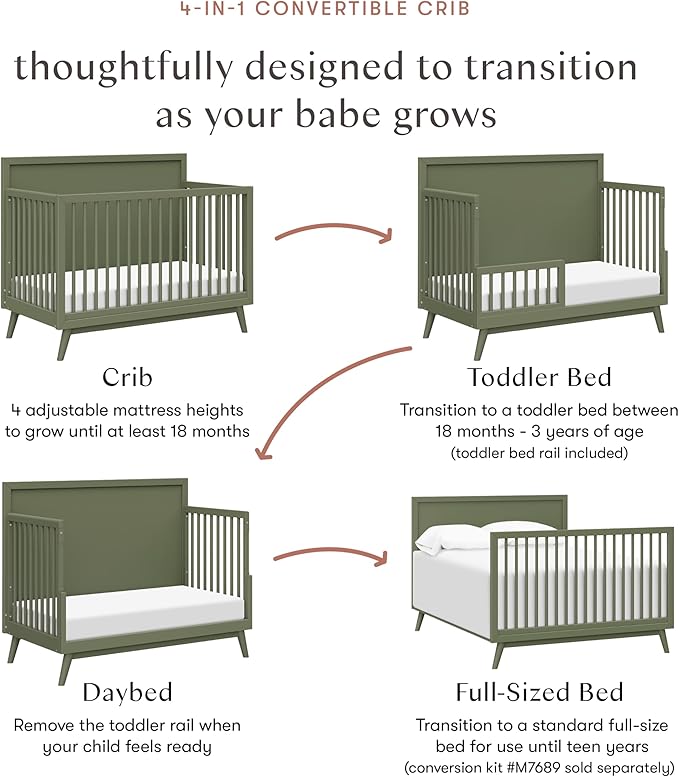 Babyletto Palma 4-in-1 Convertible Crib - GREENGUARD Gold Certified - Wooden Baby Crib Convertible to Toddler Bed, Daybed & Full-Size Baby Bed - 4 Adjustable Heights - Easy to Assemble - Olive Green