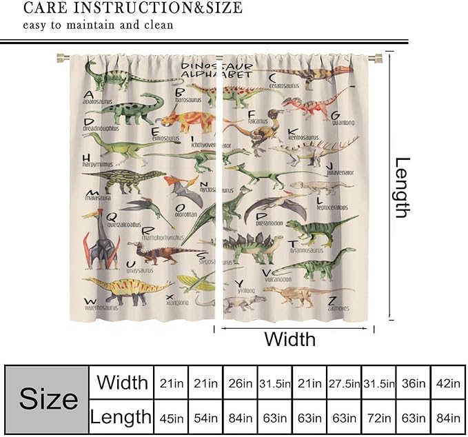 Dinosaur Curtains Cartoon Dino ABC Alphabet Pattern Educational Learning Theme Curtain with Rod Pocket for Kids Nursery Playroom Bedroom Drapes Window Treatments 2 Panels Set 52" W X 84" L