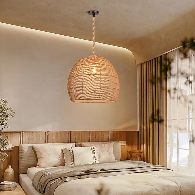 Arturesthome Large 23.6in Rattan Pendant Light for Kitchen Island, Woven Rope Lamp Shade, Hanging Ceiling Light Shade, Handmade Lampshade Chandelier for Dining Room