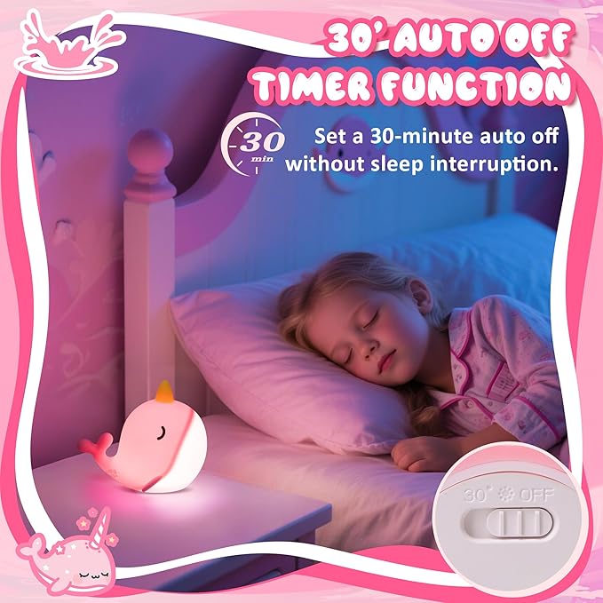 Ammonite Pink Narwhal Night Light, Soft Silicone Whale Nursery Lamp with 3 Dimming Levels and 30-Minute Timer, Touch Control Nightlight for Bedroom Decor, Christmas Birthday Gift
